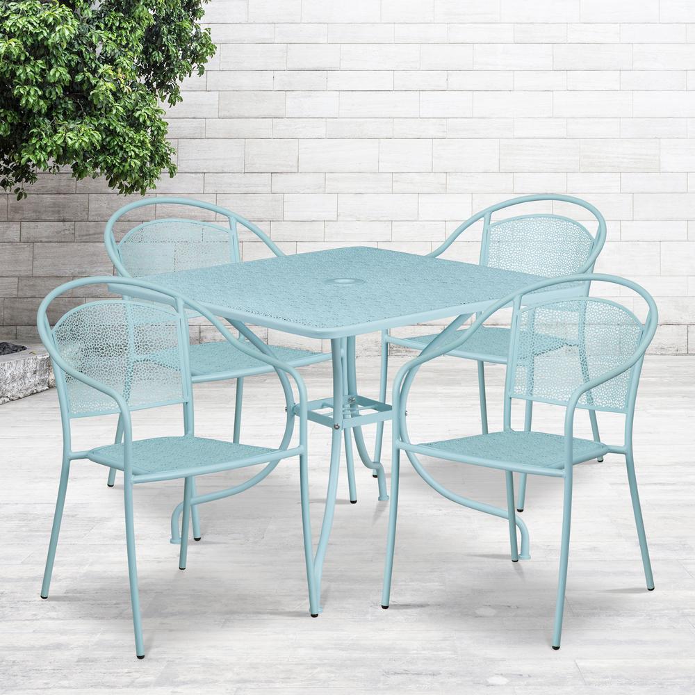 Commercial Grade 35.5" Square Sky Blue Indoor-Outdoor Steel Patio Table Set with 4 Round Back Chairs. Picture 4