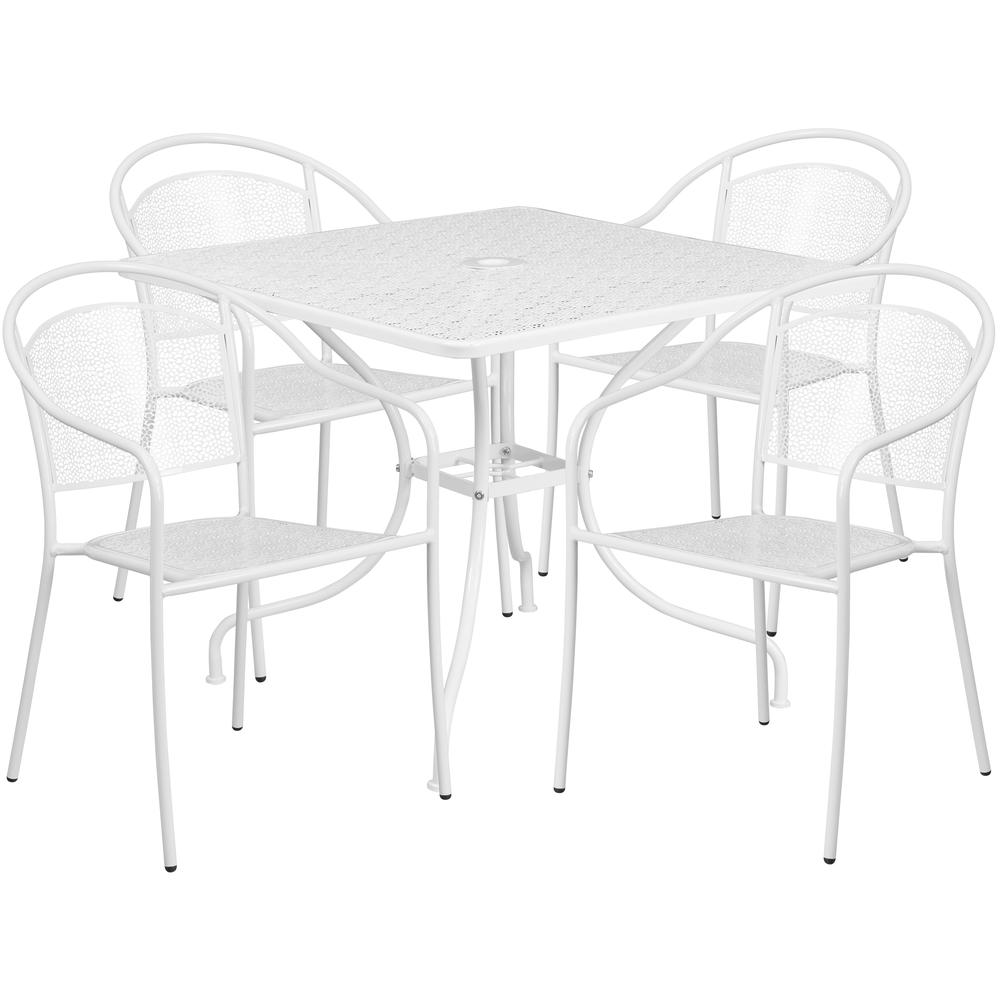 Commercial Grade 35.5" Square White Indoor-Outdoor Steel Patio Table Set with 4 Round Back Chairs. Picture 1