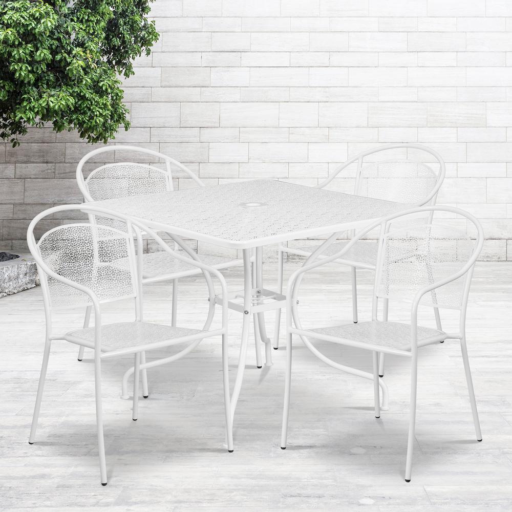 Commercial Grade 35.5" Square White Indoor-Outdoor Steel Patio Table Set with 4 Round Back Chairs. Picture 4