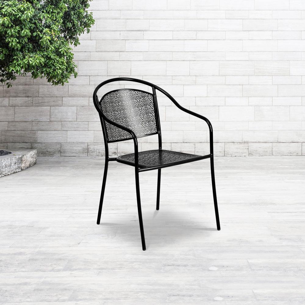 Commercial Grade Black Indoor-Outdoor Steel Patio Arm Chair with Round Back. Picture 9