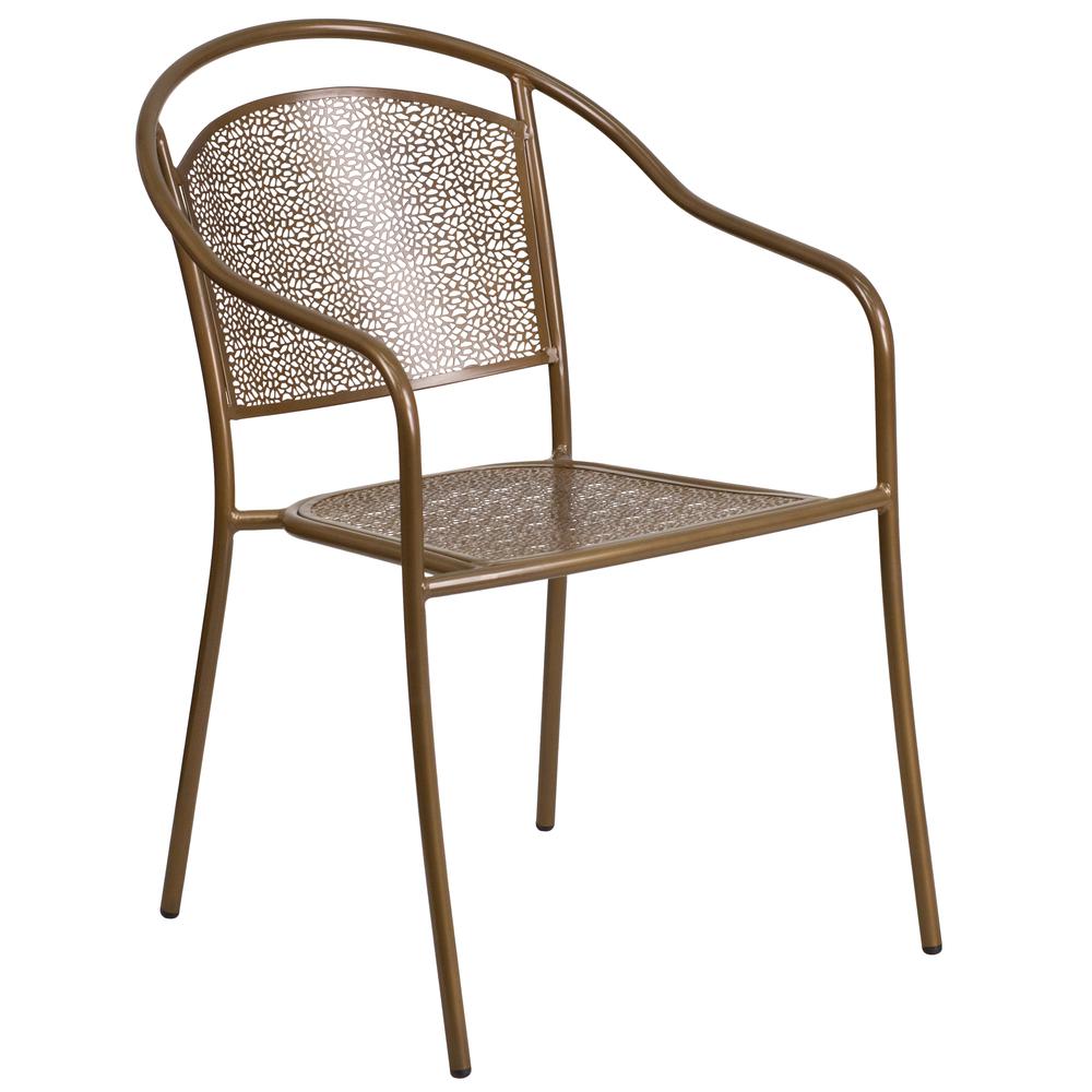 Commercial Grade Gold Indoor-Outdoor Steel Patio Arm Chair with Round Back. The main picture.