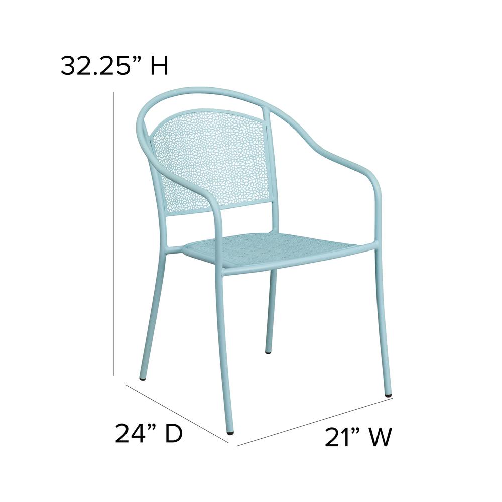 Commercial Grade Sky Blue Indoor-Outdoor Steel Patio Arm Chair with Round Back. Picture 2