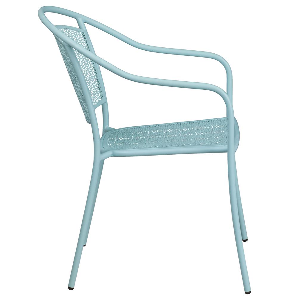 Commercial Grade Sky Blue Indoor-Outdoor Steel Patio Arm Chair with Round Back. Picture 3