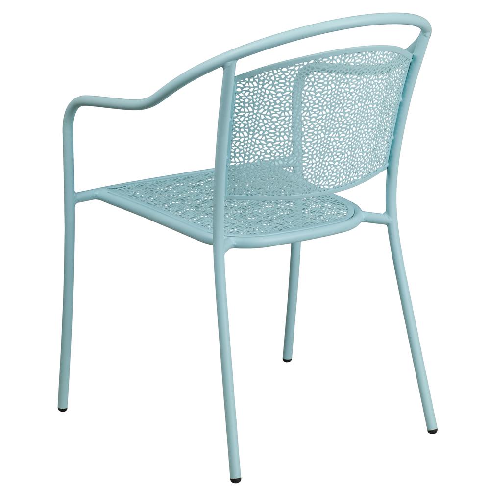 Commercial Grade Sky Blue Indoor-Outdoor Steel Patio Arm Chair with Round Back. Picture 4
