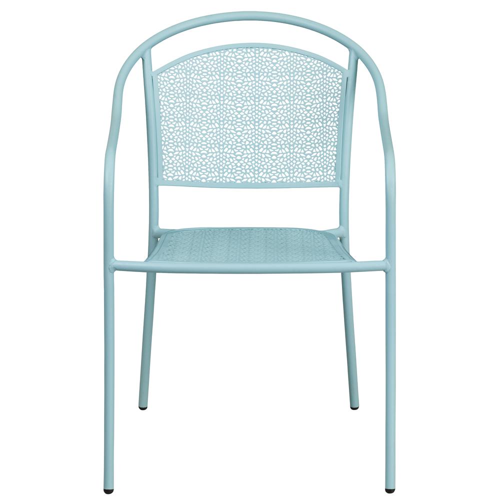 Commercial Grade Sky Blue Indoor-Outdoor Steel Patio Arm Chair with Round Back. Picture 5