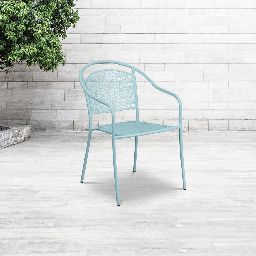 Commercial Grade Sky Blue Indoor-Outdoor Steel Patio Arm Chair with Round Back. Picture 6