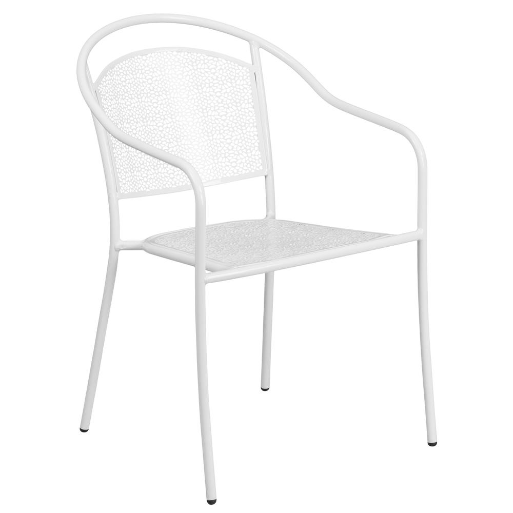 Commercial Grade White Indoor-Outdoor Steel Patio Arm Chair with Round Back. Picture 1