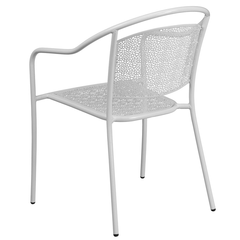 Commercial Grade White Indoor-Outdoor Steel Patio Arm Chair with Round Back. Picture 4