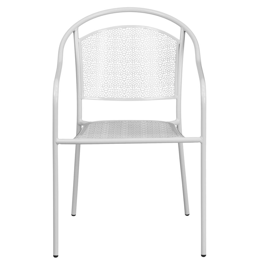 Commercial Grade White Indoor-Outdoor Steel Patio Arm Chair with Round Back. Picture 5