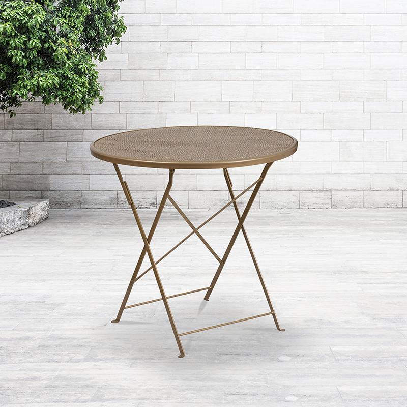 Commercial Grade 30" Round Gold Indoor-Outdoor Steel Folding Patio Table. Picture 2