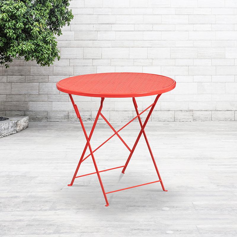 Commercial Grade 30" Round Coral Indoor-Outdoor Steel Folding Patio Table. Picture 1