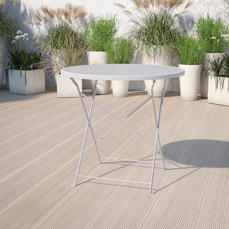Commercial Grade 30" Round Light Gray Indoor-Outdoor Steel Folding Patio Table. Picture 2