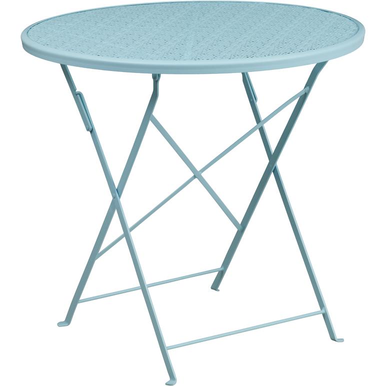 Commercial Grade 30" Round Sky Blue Indoor-Outdoor Steel Folding Patio Table. Picture 1