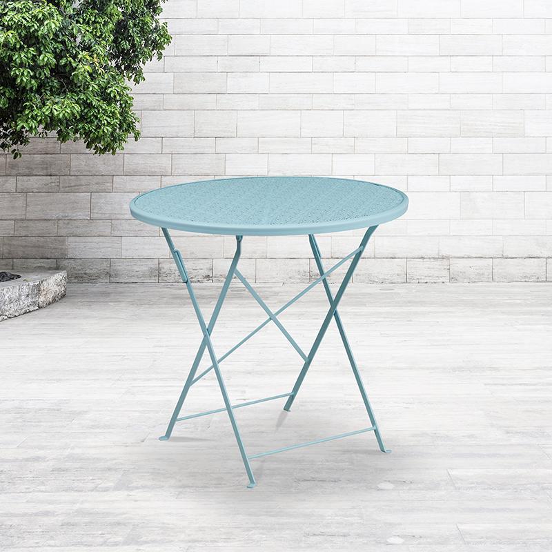 Commercial Grade 30" Round Sky Blue Indoor-Outdoor Steel Folding Patio Table. Picture 2