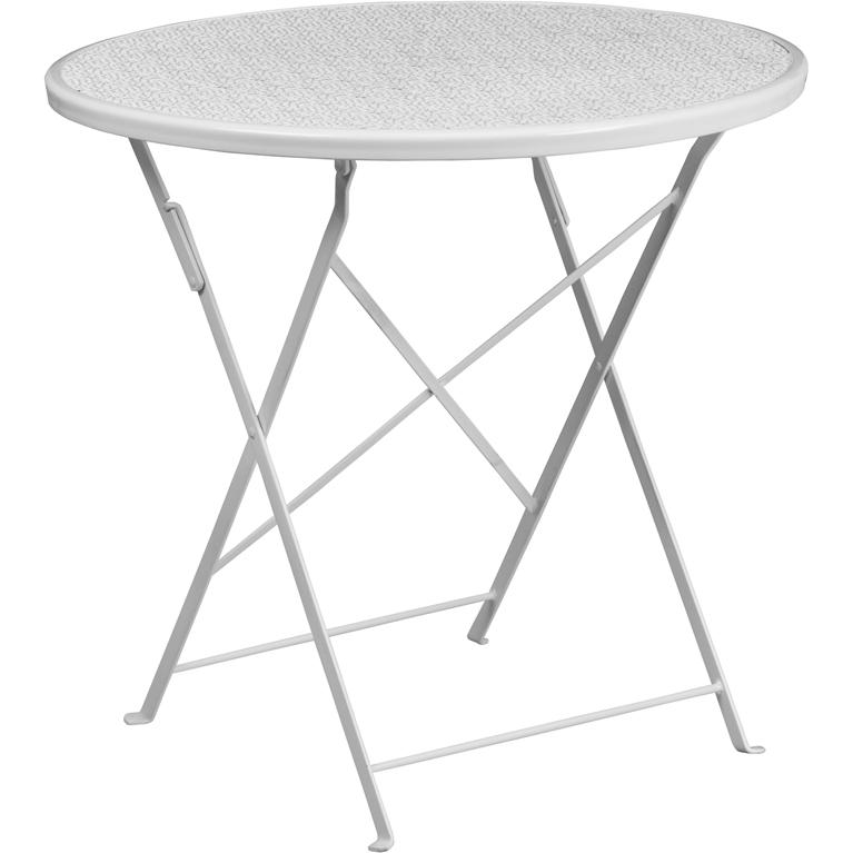Commercial Grade 30" Round White Indoor-Outdoor Steel Folding Patio Table. Picture 2
