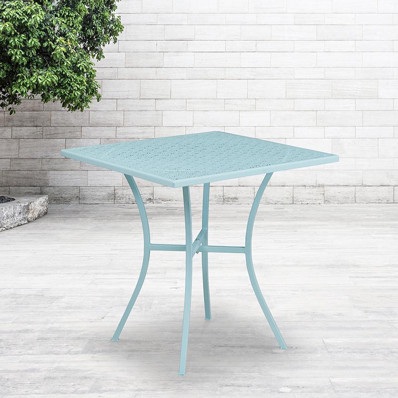 Commercial Grade 28" Square Sky Blue Indoor-Outdoor Steel Patio Table. Picture 1