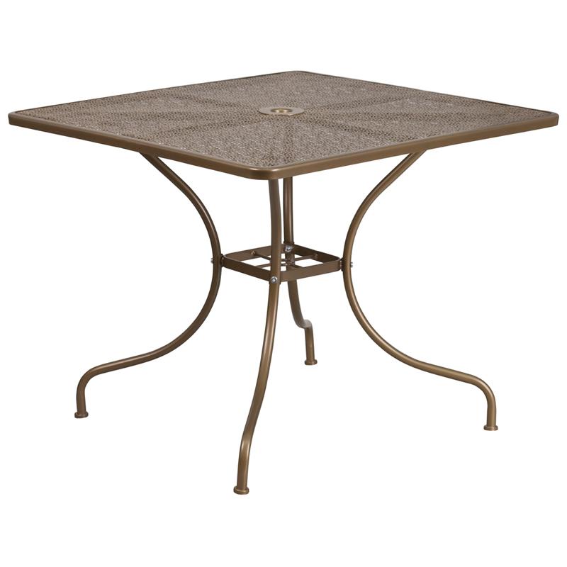 Commercial Grade 35.5" Square Gold Indoor-Outdoor Steel Patio Table with Umbrella Hole. Picture 1
