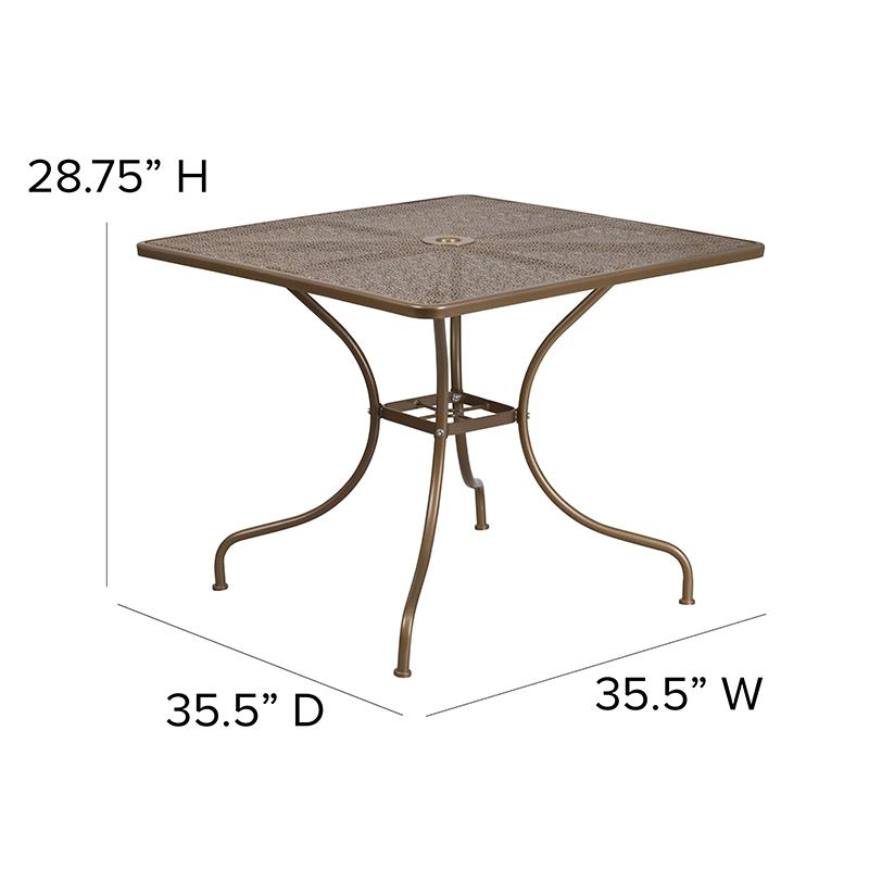35.5" Square Gold Indoor-Outdoor Steel Patio Table with Umbrella Hole. Picture 5