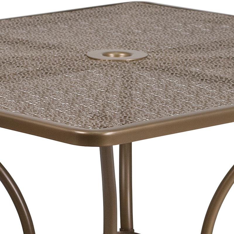 35.5" Square Gold Indoor-Outdoor Steel Patio Table with Umbrella Hole. Picture 6