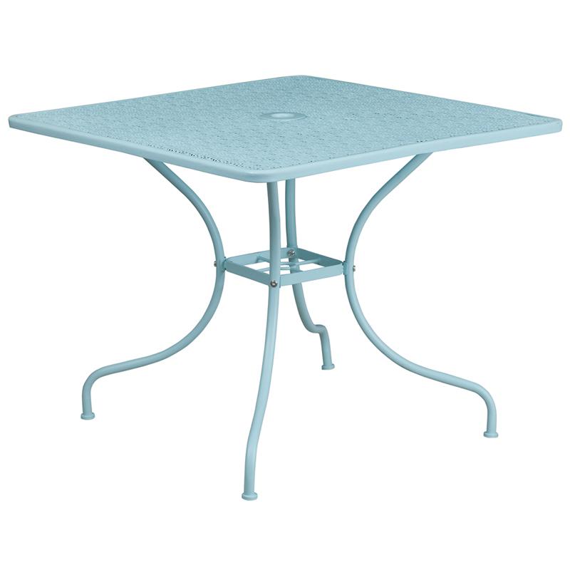 Commercial Grade 35.5" Square Sky Blue Indoor-Outdoor Steel Patio Table with Umbrella Hole. Picture 1