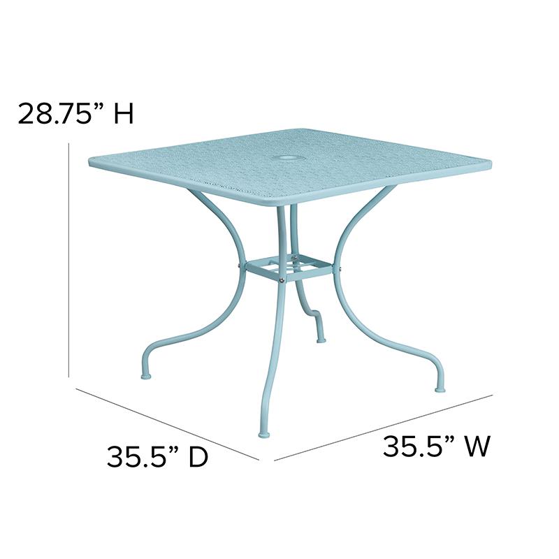 35.5" Square Sky Blue Indoor-Outdoor Steel Patio Table with Umbrella Hole. Picture 5