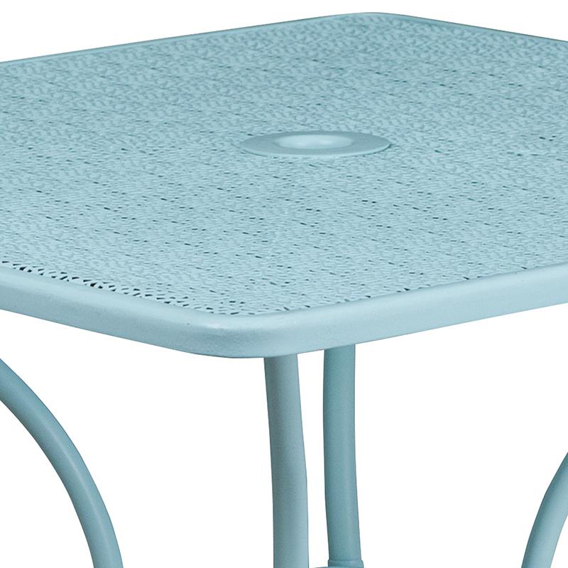 35.5" Square Sky Blue Indoor-Outdoor Steel Patio Table with Umbrella Hole. Picture 6