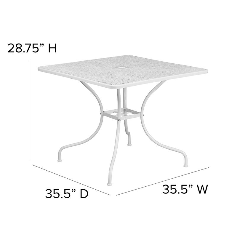 Commercial Grade 35.5" Square White Indoor-Outdoor Steel Patio Table with Umbrella Hole. Picture 2