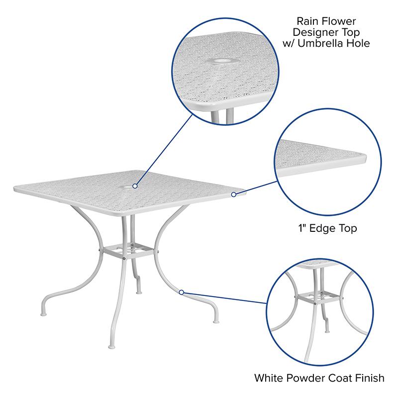 35.5" Square White Indoor-Outdoor Steel Patio Table with Umbrella Hole. Picture 4