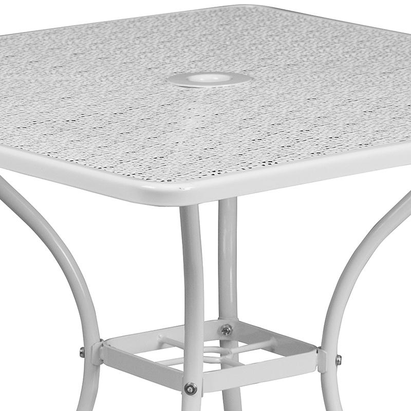 35.5" Square White Indoor-Outdoor Steel Patio Table with Umbrella Hole. Picture 6