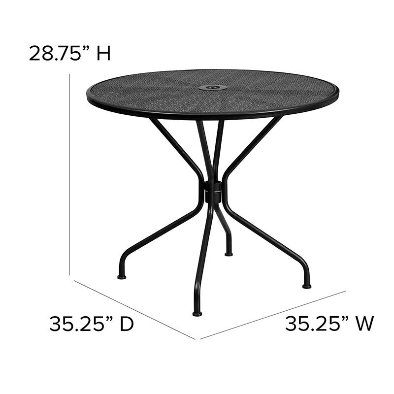 35.25" Round Black Indoor-Outdoor Steel Patio Table with Umbrella Hole. Picture 6