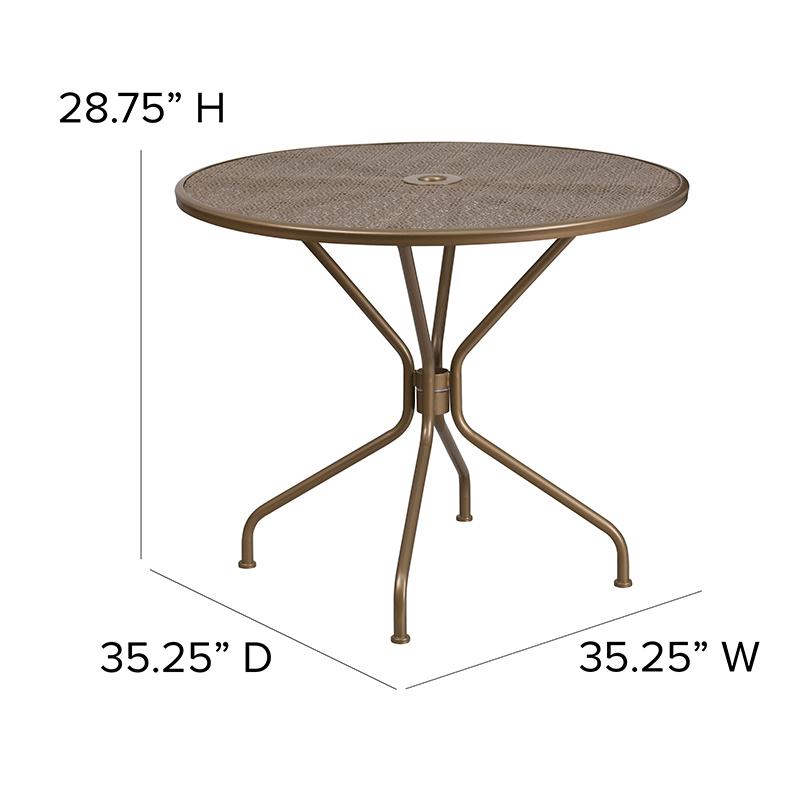 35.25" Round Gold Indoor-Outdoor Steel Patio Table with Umbrella Hole. Picture 6