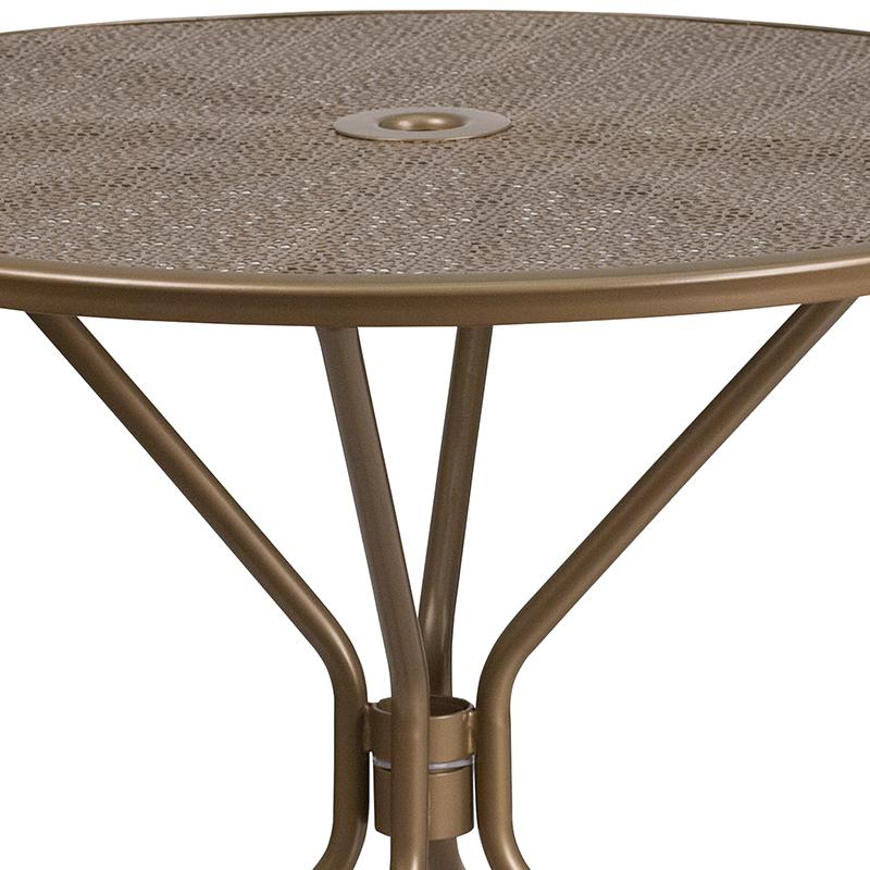 35.25" Round Gold Indoor-Outdoor Steel Patio Table with Umbrella Hole. Picture 7