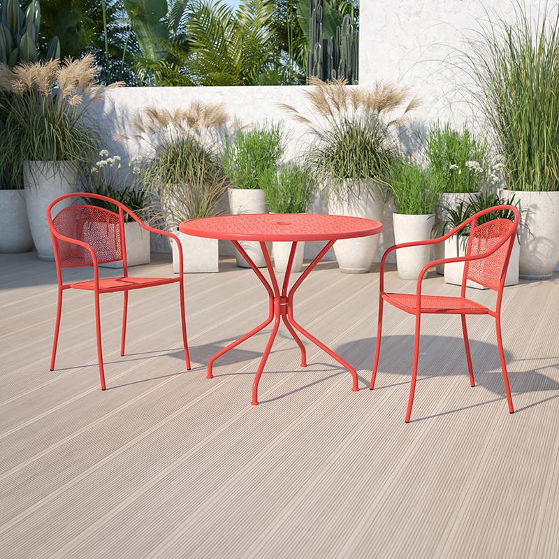 Commercial Grade 35.25" Round Coral Indoor-Outdoor Steel Patio Table. Picture 1