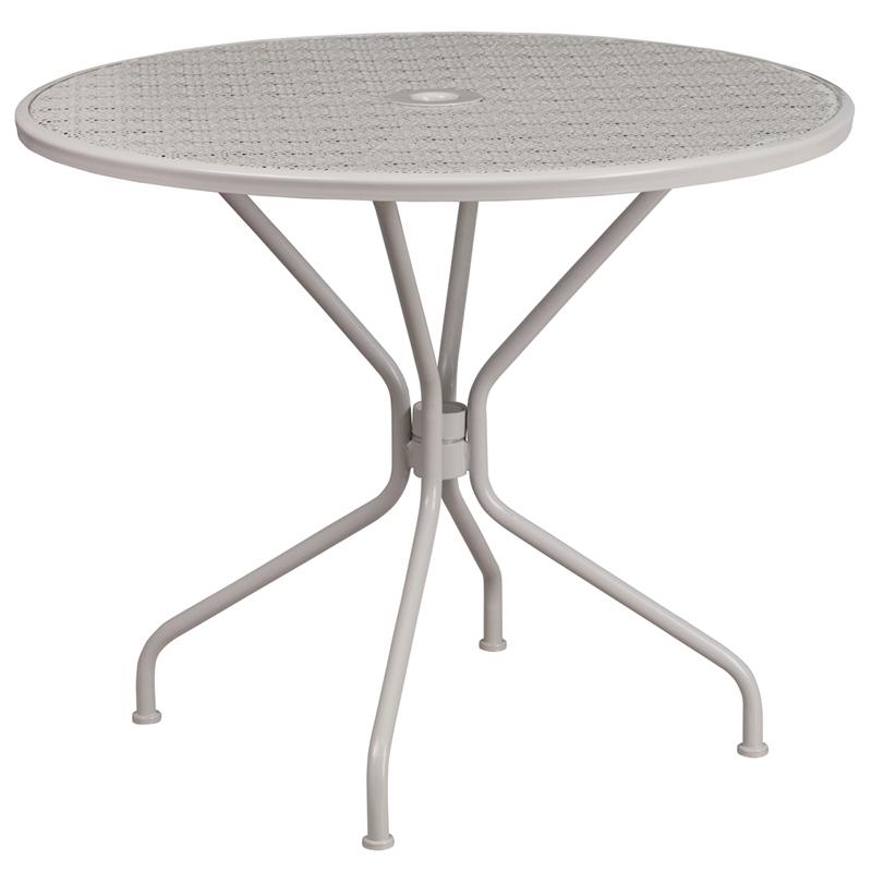 35.25" Round Light Gray Indoor-Outdoor Steel Patio Table with Umbrella Hole. Picture 2