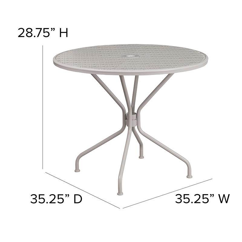35.25" Round Light Gray Indoor-Outdoor Steel Patio Table with Umbrella Hole. Picture 5
