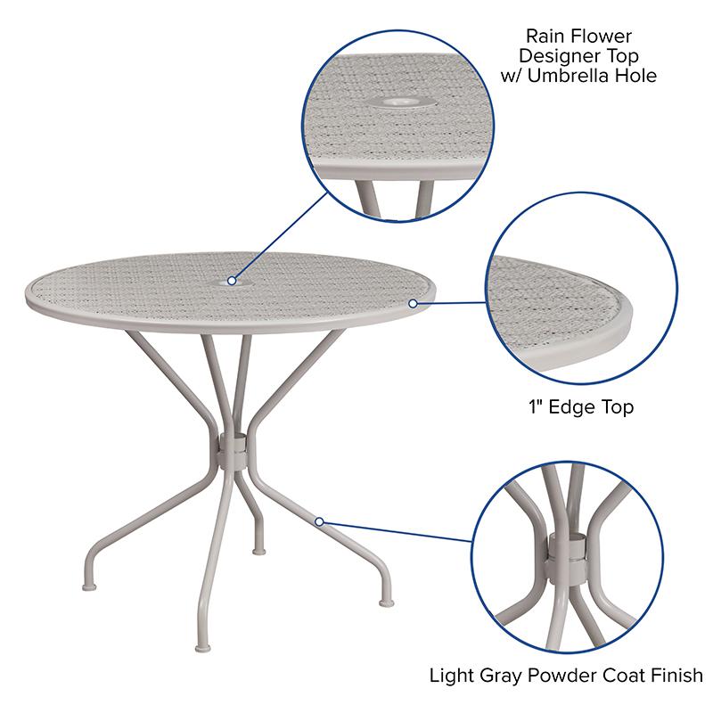 35.25" Round Light Gray Indoor-Outdoor Steel Patio Table with Umbrella Hole. Picture 4