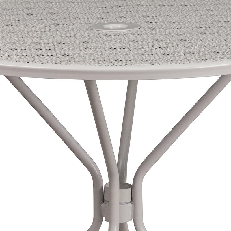 35.25" Round Light Gray Indoor-Outdoor Steel Patio Table with Umbrella Hole. Picture 7