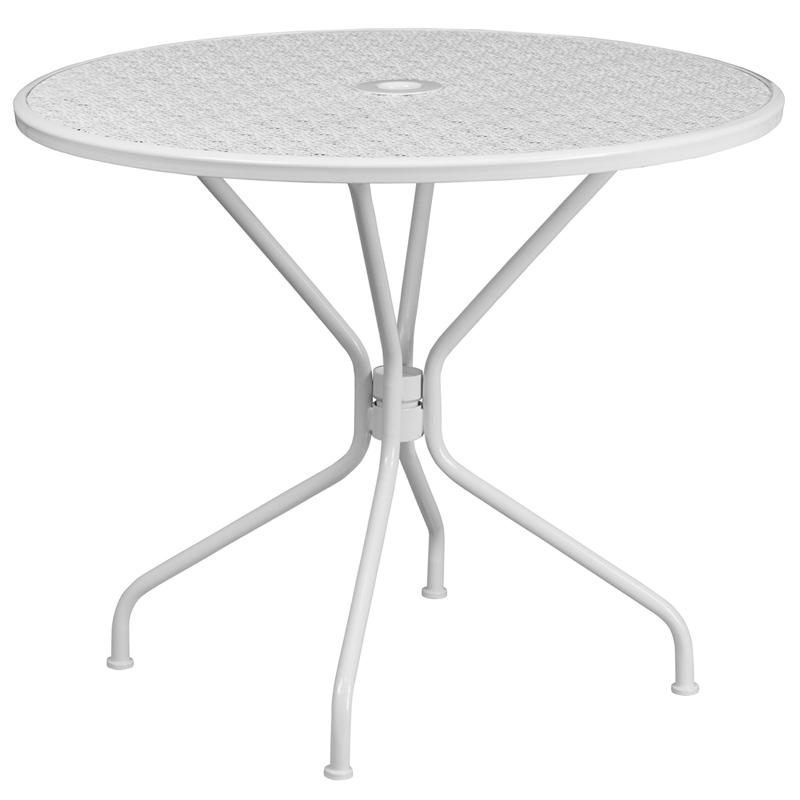 35.25" Round White Indoor-Outdoor Steel Patio Table with Umbrella Hole. Picture 2