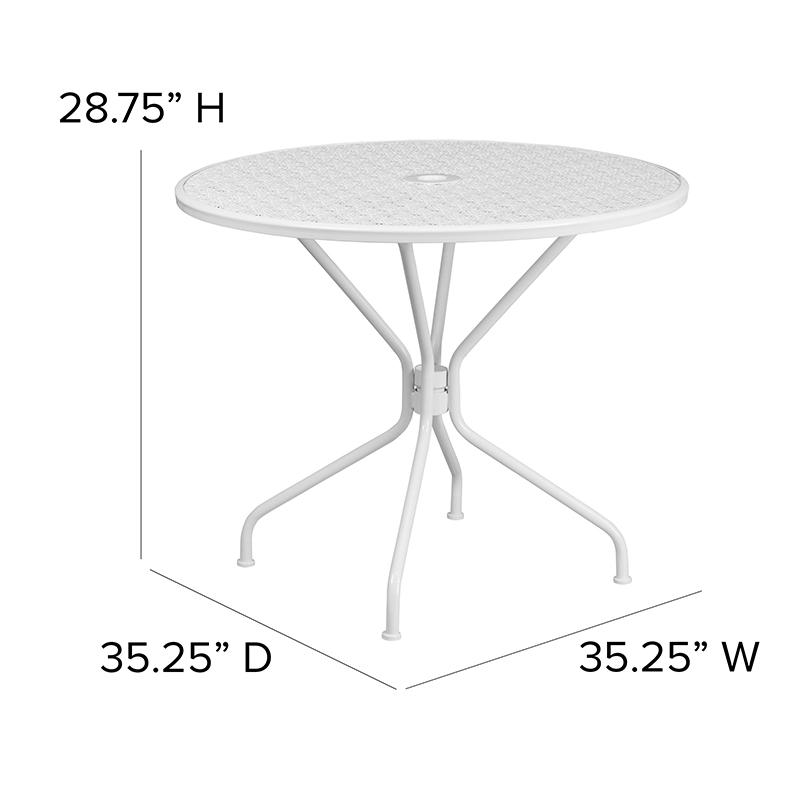 Commercial Grade 35.25" Round White Indoor-Outdoor Steel Patio Table with Umbrella Hole. Picture 2