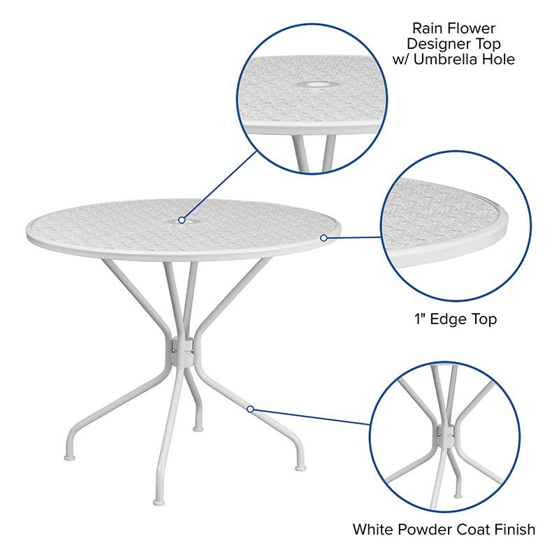 35.25" Round White Indoor-Outdoor Steel Patio Table with Umbrella Hole. Picture 4