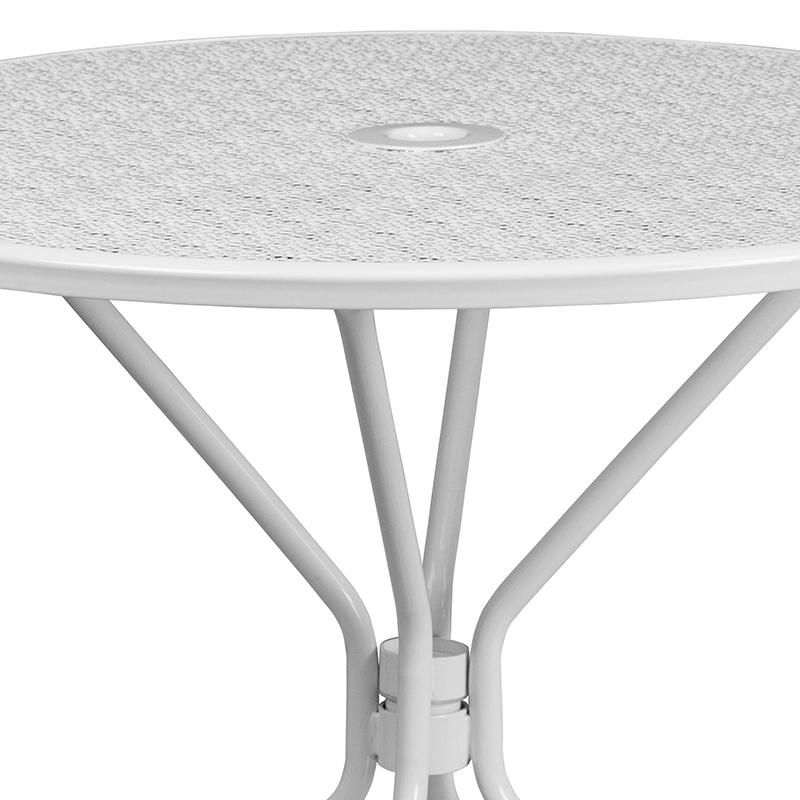 35.25" Round White Indoor-Outdoor Steel Patio Table with Umbrella Hole. Picture 6