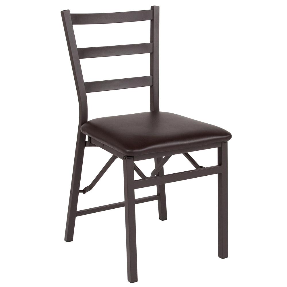 HERCULES Series Brown Folding Ladder Back Metal Chair with Brown Vinyl Seat. Picture 1