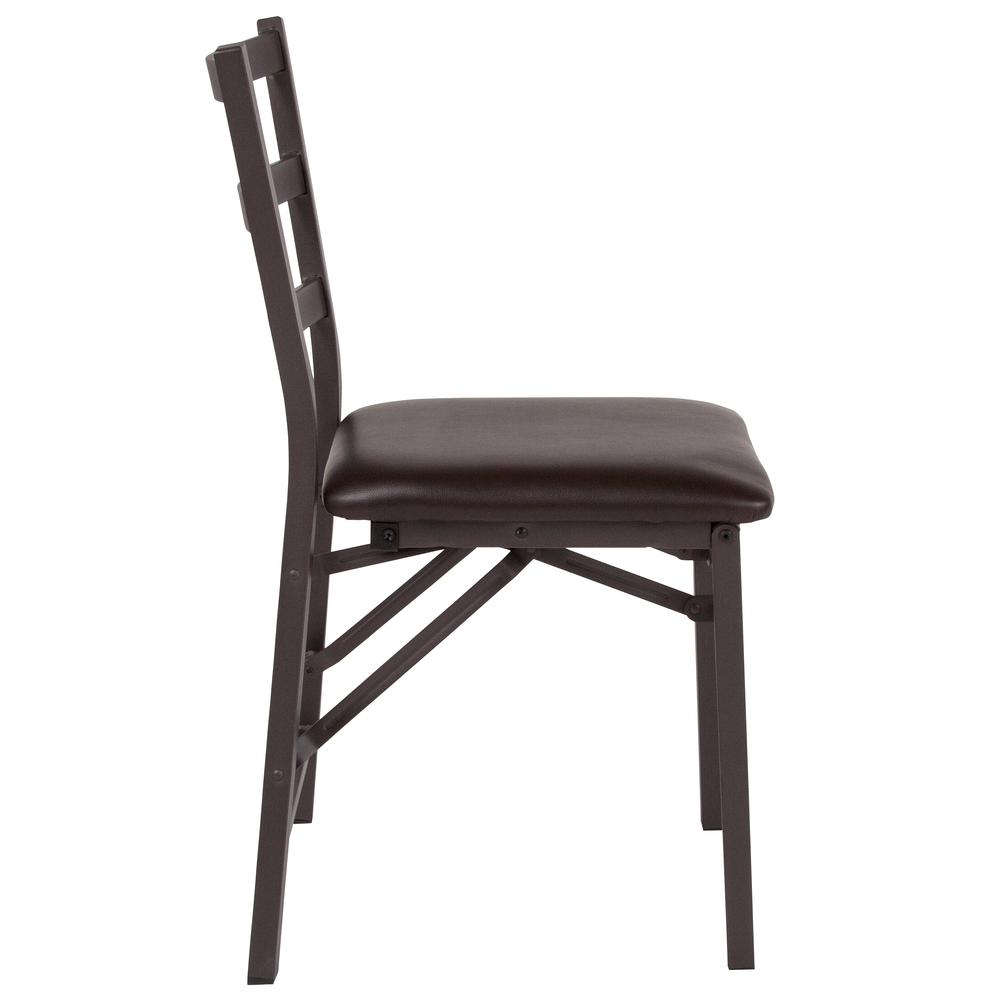 HERCULES Series Brown Folding Ladder Back Metal Chair with Brown Vinyl Seat. Picture 2