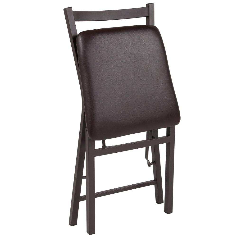 HERCULES Series Brown Folding Ladder Back Metal Chair with Brown Vinyl Seat. Picture 5