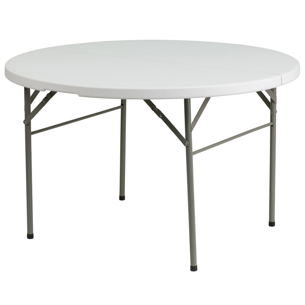 4-Foot Round Bi-Fold Granite White Plastic Banquet and Event Folding Table with Carrying Handle. Picture 1