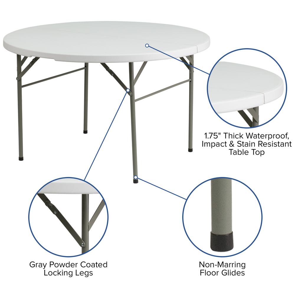 4-Foot Round Bi-Fold Granite White Plastic Banquet and Event Folding Table with Carrying Handle. Picture 6