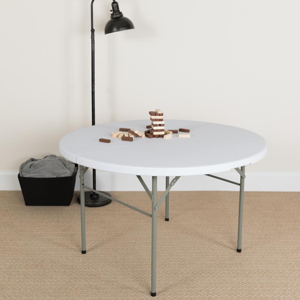 4-Foot Round Bi-Fold Granite White Plastic Banquet and Event Folding Table with Carrying Handle. Picture 7