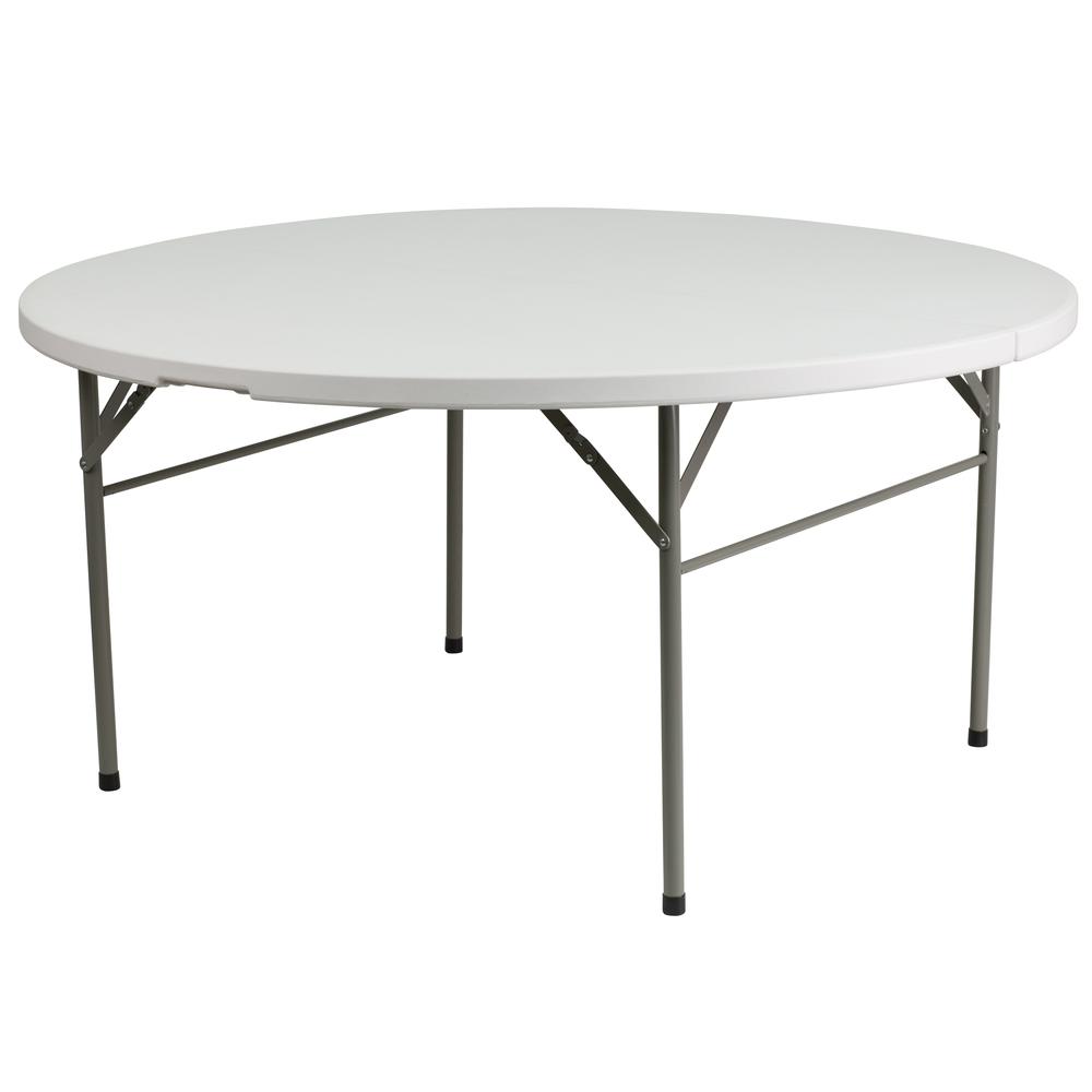 5-Foot Round Bi-Fold White Plastic Folding Table with Carrying Handle. The main picture.