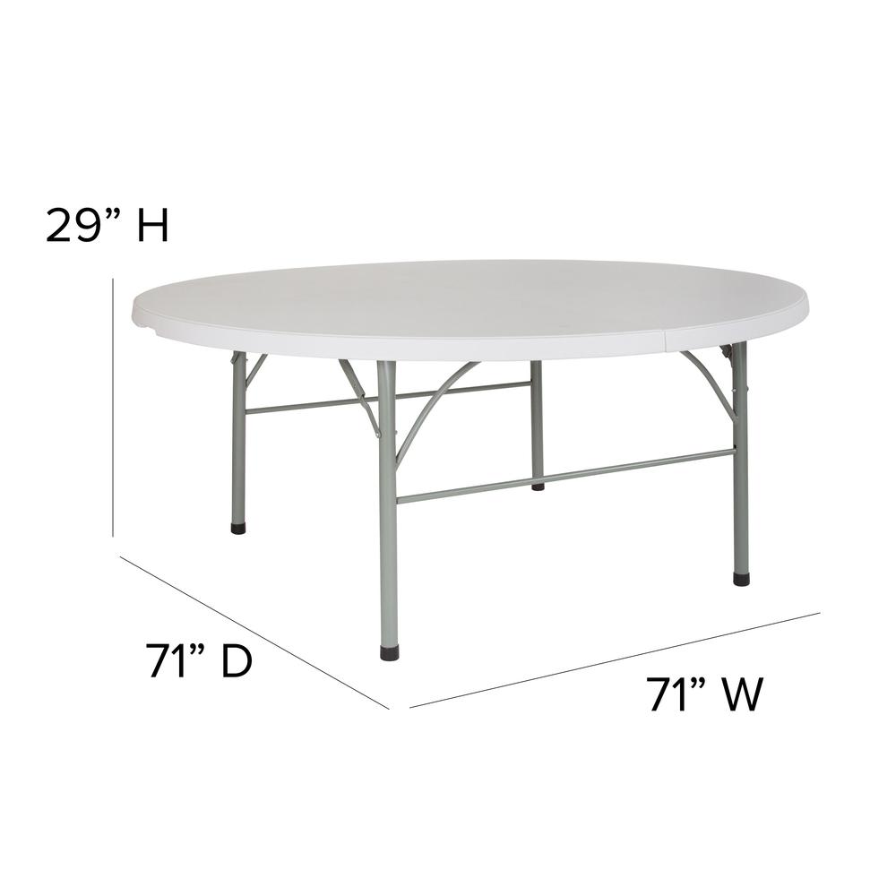 6-Foot Round Bi-Fold Granite White Plastic Banquet and Event Folding Table with Carrying Handle. Picture 2