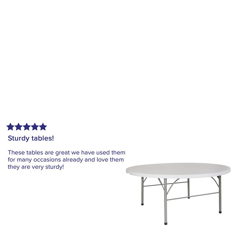 6-Foot Round Bi-Fold Granite White Plastic Banquet and Event Folding Table with Carrying Handle. Picture 8